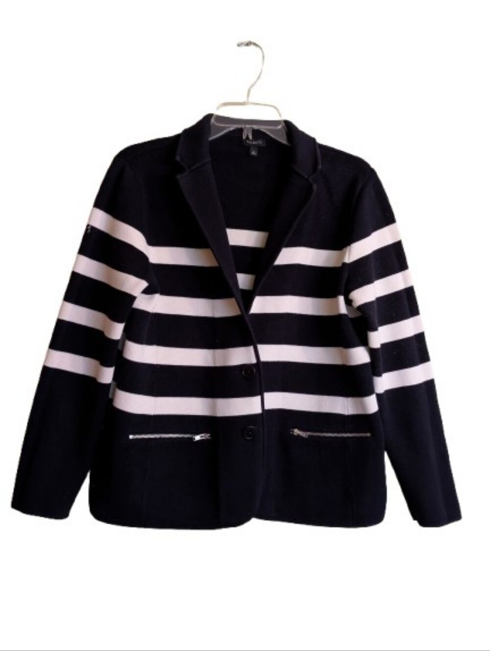 Talbots Nautical Coastal Navy Blue/Cream Stripe Blazer Cardigan Sweater Large